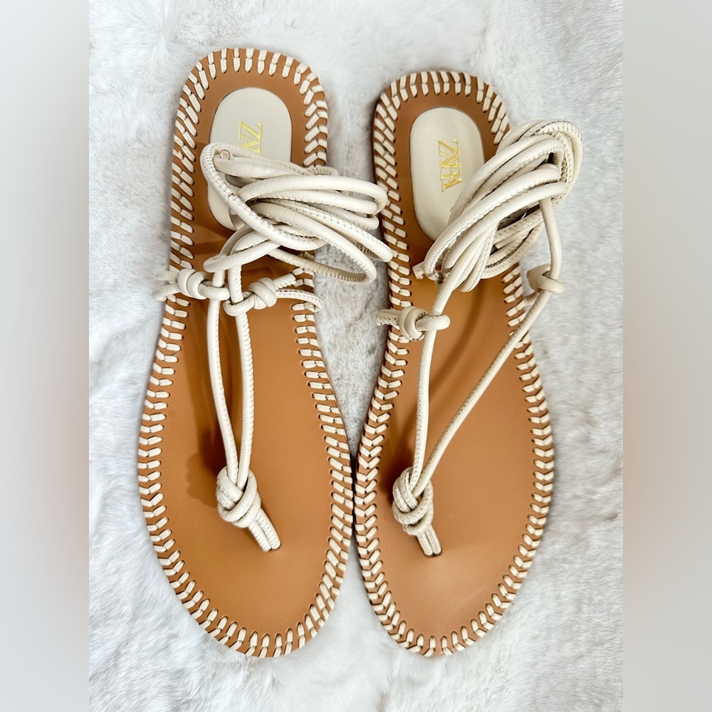 ZARA Leather Lace-Up Gladiator Flat Sandals Size 10/42